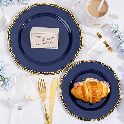 Hioasis 350pcs Blue and gold Plastic Plates - Blue Plastic Dinnerware Set Includes 50 Dinner Plates, 50 Dessert Dinnerware, 50 Cups, 50 Rolled Napkin Cutlery Perfect for Wedding & Christmas