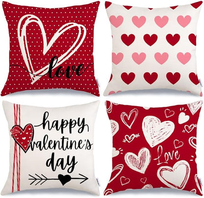 GEEORY Happy Valentine's Day Love Throw Pillow Covers 18x18 Inch Set of 4, Hearts Polka Dots Decorative Farmhouse Wedding Cushion Case for Home Decoration (Red) G662-18