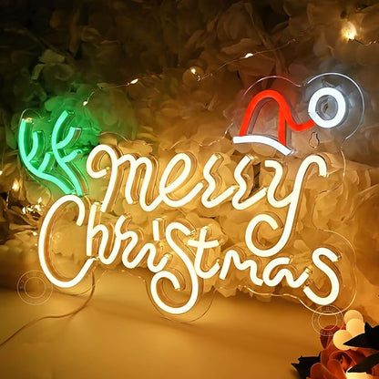 SYLHOME Merry Christmas Led Neon Light Sign Santa Hat Christmas Tree Party Home Bedroom Wall Sign Decor Backdrop Xmas Decor 15.75" X 9.8" USB Warm White