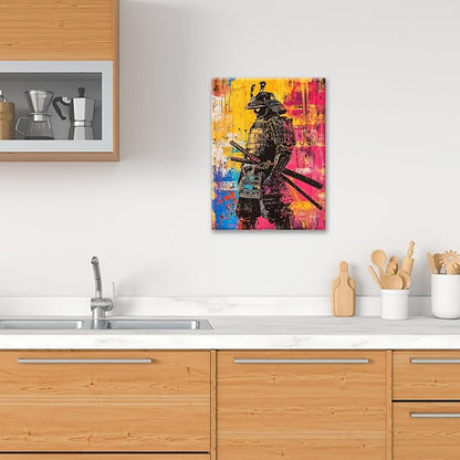 Japanese Wall Art, Graffiti Samurai Pictures Wall Decor, Banksy Samurai Canvas Prints, Japan Painting, Framed Artwork for Bathroom Living Room Bedroom Office Dining Room 16"X12"