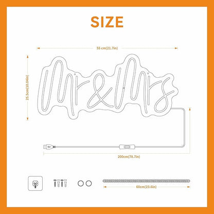 Mr & Mrs Neon Sign for Wall Decor Neon Lights for Teen Bedroom Decor Art Light Up Sign LED Neon Signs for All Party Reunion Decoration USB 21.7x10 Inch (warm white)