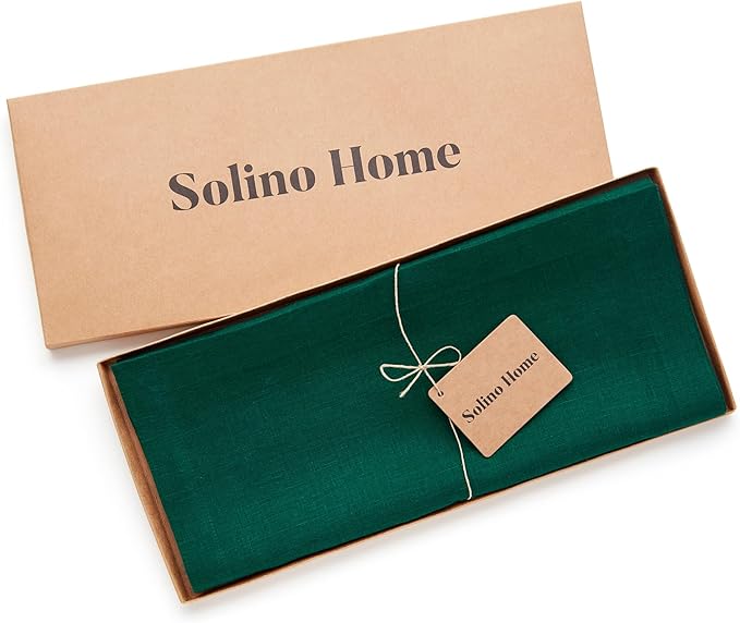 Solino Home Linen Rainforest Green Table Runner 60 Inches - 100% Pure Linen Farmhouse Short Table Runner 14 x 60 Inch Ideal for Dresser and Coffee Tables - Fete - Christmas, New Year
