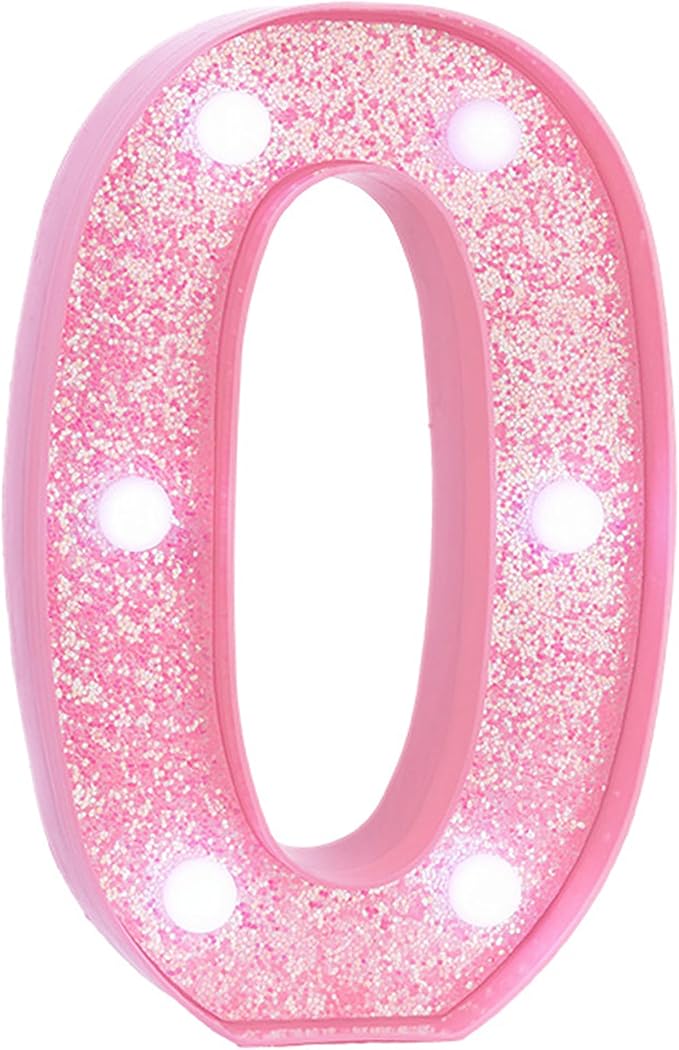 Pink LED Light Up Marquee Numbers, Glitter Lighted Numbers Sign Battery Operated for Girls Birthday Party Decorations, Room Table Top Wall Decor for Girls, Pink Number 0 with Cool White Lights