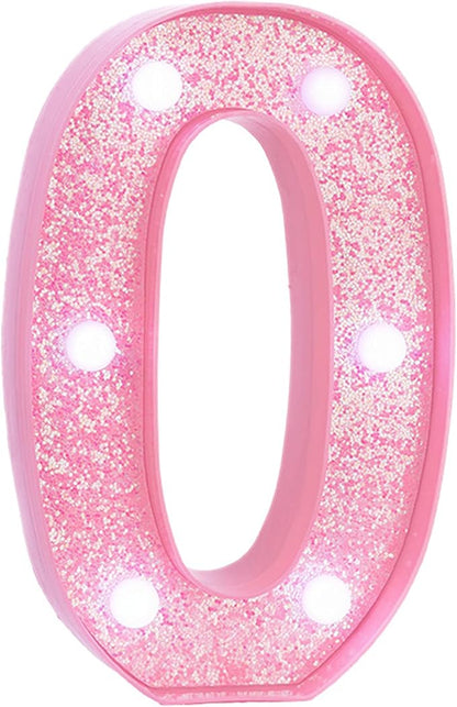 Pink LED Light Up Marquee Numbers, Glitter Lighted Numbers Sign Battery Operated for Girls Birthday Party Decorations, Room Table Top Wall Decor for Girls, Pink Number 0 with Cool White Lights