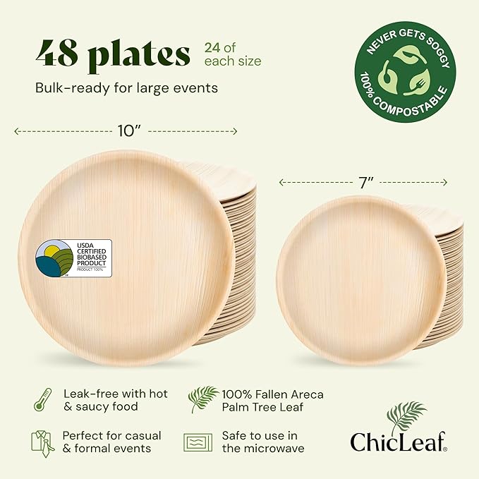 Chic Leaf Round Palm Leaf Plates - 10-Inch & 7-Inch, Pack of 48 - Compostable Disposable Bamboo Plates for Parties, Thanksgiving Family Meal and Christmas Dinner