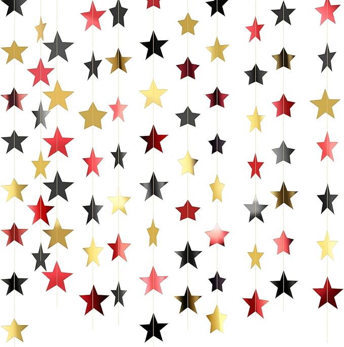 Patelai Glitter Star Garland Banner Christmas Decor 130 Feet Star Hanging Bunting Banner Twinkle Backdrop for Homecoming Classroom Wedding Birthday Halloween Party Supplies(Red, Black, Gold)