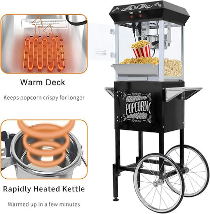 Commercial Popcorn Machine with Cart in Sleek Black - 8oz Kettle Pops 32 Cups/Batch, with Warming Lamp, Glass Door & Wheels for Theater, Parties