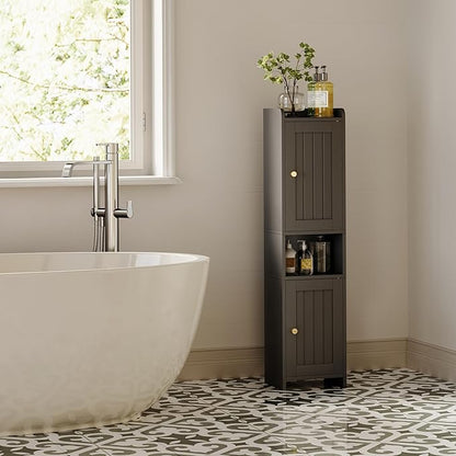 Bathroom Cabinet with 2 Doors, 7.3 x 9.8 x 40.4 Inches, Small Freestanding Storage Cabinet with Adjustable Shelf, Floor Cabinet for Small Spaces, Bathroom, Entrances, Kitchen, Black