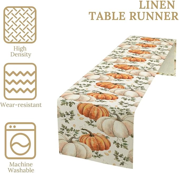 Fall Pumpkin Table Runner White Orange Vegetables Seeds Parsley Watercolor Hand-Painted Illustration Home Decor for Farmhouse Indoor Outdoor Party Holiday Dining Kitchen Restaurant Cafe W13xL120in