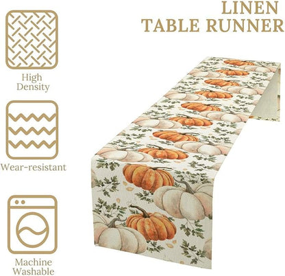 Fall Pumpkin Table Runner White Orange Vegetables Seeds Parsley Watercolor Hand-Painted Illustration Home Decor for Farmhouse Indoor Outdoor Party Holiday Dining Kitchen Restaurant Cafe W13xL108in