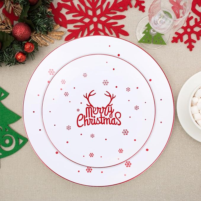 Nervure 175PCS Christmas Plastic Plates - White and Red Disposable Plates & Red Plastic Silverware include 50 Plates 25Knives 25Forks 25Spoons 25Napkins for Christmas Party