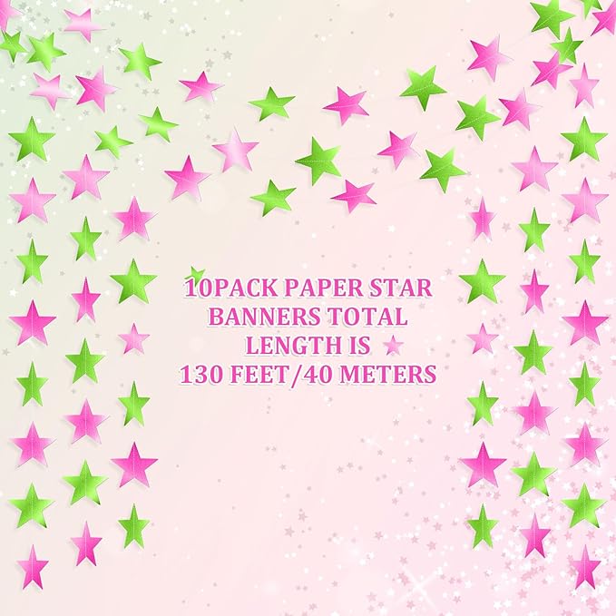 Patelai Glitter Star Garland Banner Christmas Decor 130 Feet Star Hanging Bunting Banner Twinkle Backdrop for Homecoming Classroom Wedding Birthday Halloween Party Supplies(Pink,Green)
