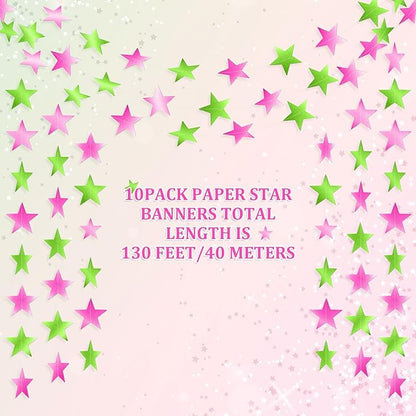 Patelai Glitter Star Garland Banner Christmas Decor 130 Feet Star Hanging Bunting Banner Twinkle Backdrop for Homecoming Classroom Wedding Birthday Halloween Party Supplies(Pink,Green)