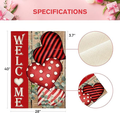 AVOIN colorlife Valentines Day Welcome House Flag 28x40 Inch Double Sided, Anniversary Love Heart Rustic Yard Outdoor Decoration