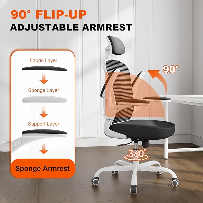 Synorla Office Chair Ergonomic Desk Chair, 330LBS Capacity, High Back Computer Design for Long Hours Comfort, Rolling Swivel Executive Task for Home Office with Flip-up Armrests (White Black)