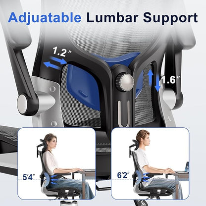 Ergonomic Office Chair, Mesh Seat Cushion with 3D Armrests and 3D Headrest, Adjustable Lumbar Support with 90-120° Rocking Function, Black