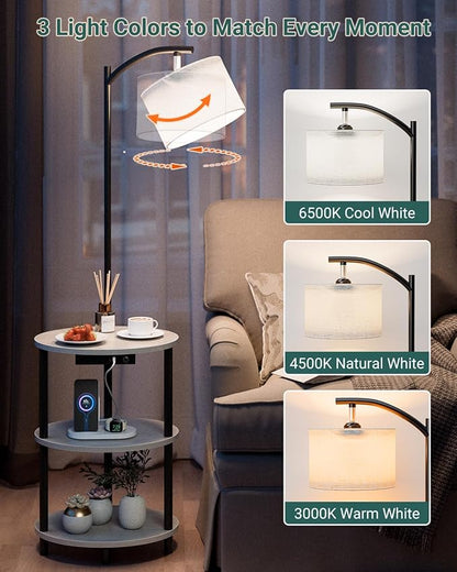 Round Side Table with Lamp and USB Ports, 3-Tier Small End Table for Living Room & Bedroom, Rustic Wood Metal Nightstand for Small Spaces, Easy to Assemble, Greige