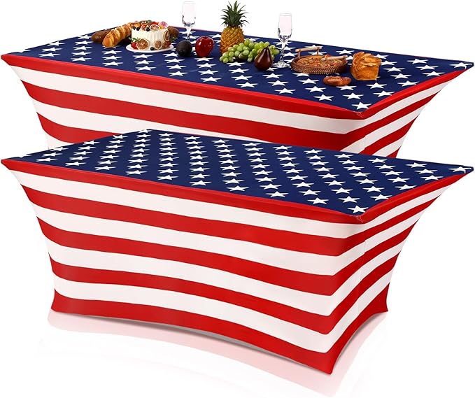 Oudain 2 Pcs Red White and Blue Star Stretch Table Cover 6 Feet Patriotic Spandex Table Clothes American Star Party Decorations for Independence Day Veterans Memorial Day Events Party Celebration