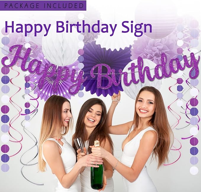 Purple Birthday Decorations for Women Girls,Happy Banner,Lilac Paper Lanterns Tissue Pom Poms Flower Fan,Purple White Balloon Décor For 40th 50th Anniversary Princess Backdrop Party Supplies