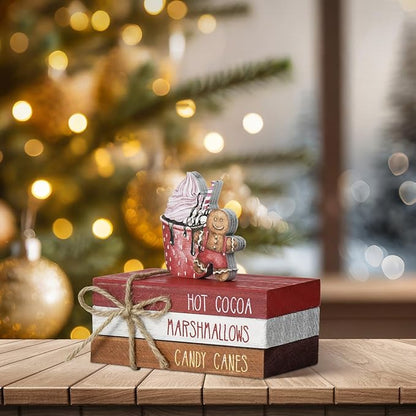 Smile Christmas Wooden Books Stack, Hot Cocoa Marshmallows Candy Canes Faux Books Bundle, Cute Gingerbread Man Cupcake Tiered Tray Decorations, for Home Table Mantle Shelf.