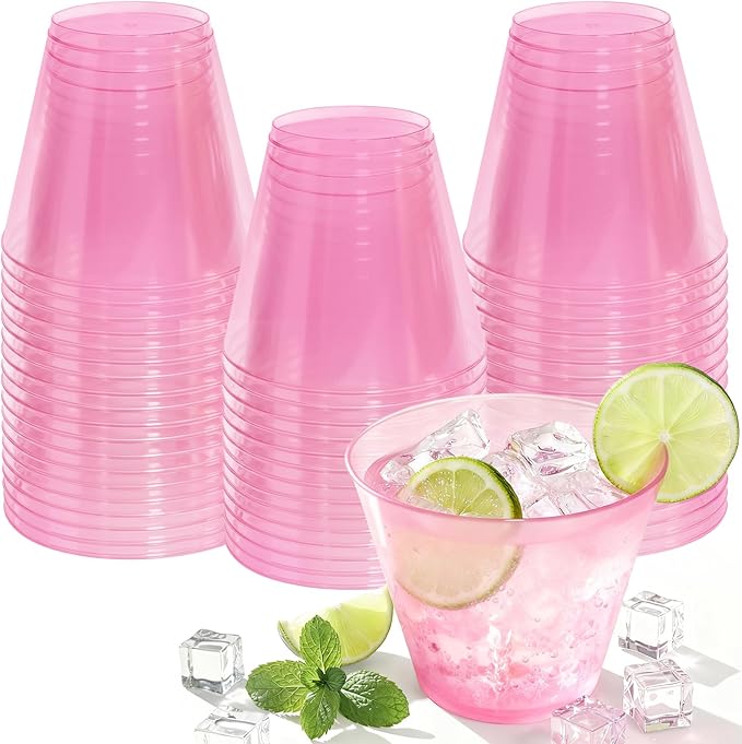 50 Pack Plastic Cups 9 oz Pink Clear Plastic Cups for Cocktail Fancy Disposable Cup for Party Stemless Wine Glasses for Wedding Thanksgiving Christmas Party Graduation