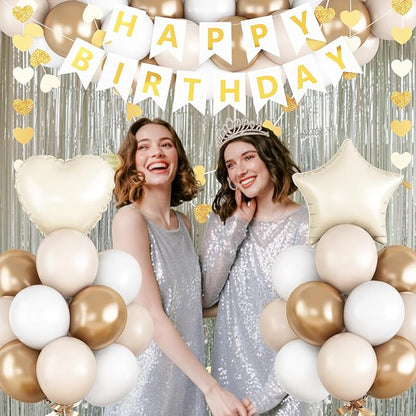 White and Gold Birthday Party Decorations for Women Girls Metallic Gold White Sand Balloon Set with Star Heart Foil Balloons Happy Birthday Bunting Banner Garland Neutral Cream Beige Party Decor Kit