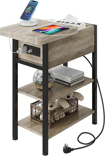 WLIVE End Table with Charging Station, Flip Top Narrow Side Table with Storage Shelf, Small Nightstand with USB Ports and Outlets,Bedside Table for Living Room, Bedroom,11.81" D x 23.62" W x 24.33" H