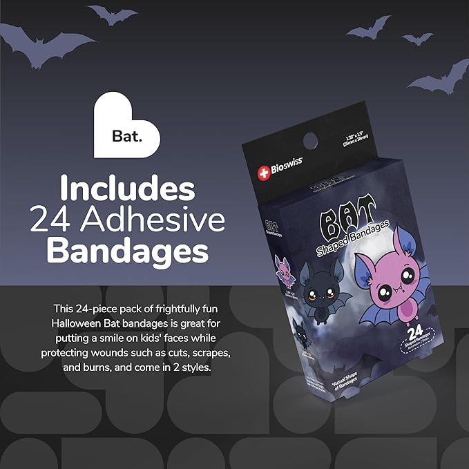 BioSwiss Kids Bandages, Halloween Bat Shaped Self Adhesive Bandage Set, Latex Free, Sterile Wound Care, 24 Count