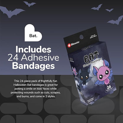 BioSwiss Kids Bandages, Halloween Bat Shaped Self Adhesive Bandage Set, Latex Free, Sterile Wound Care, 24 Count