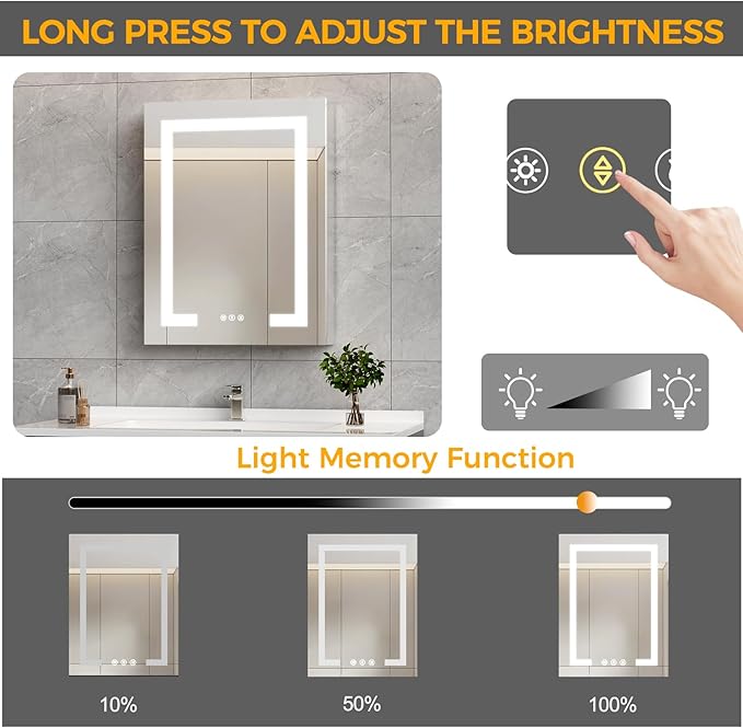 New LED Bathroom Mirror 20 * 30 Stepless Dimmable Wall Mirrors with Anti-Fog, Shatter-Proof, Memory, 3 Colors, Memory Function, Water Proof, Decor Vanity Mirror