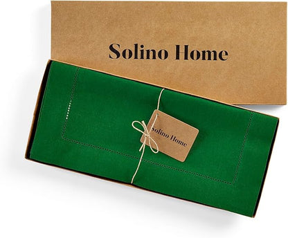 Solino Home Linen Garden Green Table Runner 144 Inches Long - 100% Pure Linen Extra Long Table Runner 14 x 144 Inch for Christmas, Winter - Classic Hemstitch