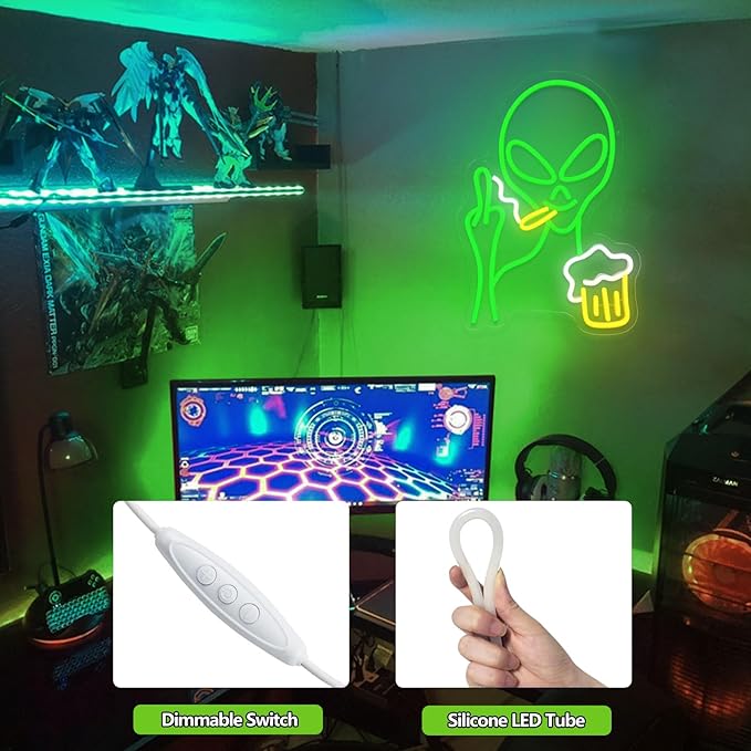 Green Alien Neon Sign, Beer Bar Alien Neon Light for Wall Decor, Dimmable LED Lights Signs for Bedroom Man Cave Game Room Home Bar Party Decoration,USB Powered Alien Light up Sign for Kids Teen Boy Birthday Christmas Presents