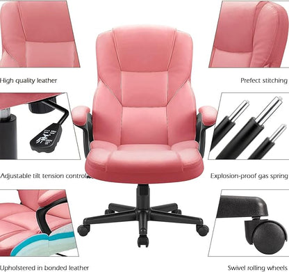 Furmax Office Executive Chair High Back Adjustable Managerial Home Desk Chair, Swivel Computer PU Leather Chair with Lumbar Support (1, Pink)