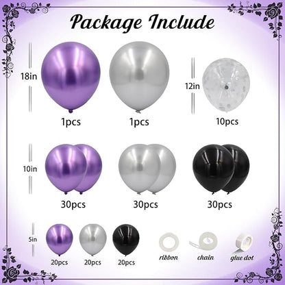 162pcs Purple and Black Balloons Garland Arch Kit, Metallic Purple Silver Black and Confetti Balloons in Different Sizes for Halloween Wednesday Vampire Theme Birthday Party Decorations