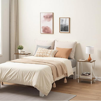 HOOBRO Side Table with Charging Station, Set of 2 End Table with USB Port and Outlets, Nightstand with 2-Layer Storage Shelves for Small Spaces, Living Room, Bedroom, Walnut and White WH09UBZP201