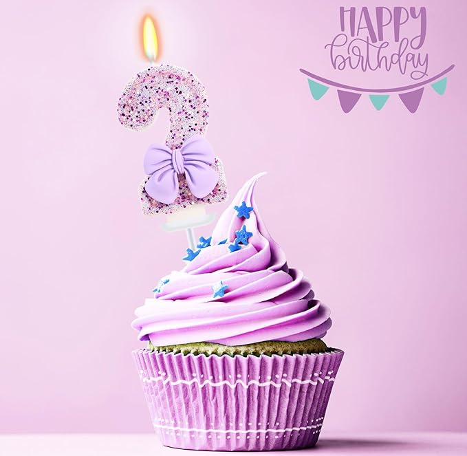 Birthday Candle for Cake, 2 Candle - Purple Glitter with Bowknot, 2.76 inch Cake Topper Decoration for Two Years Old Birthday Party (Number 2)