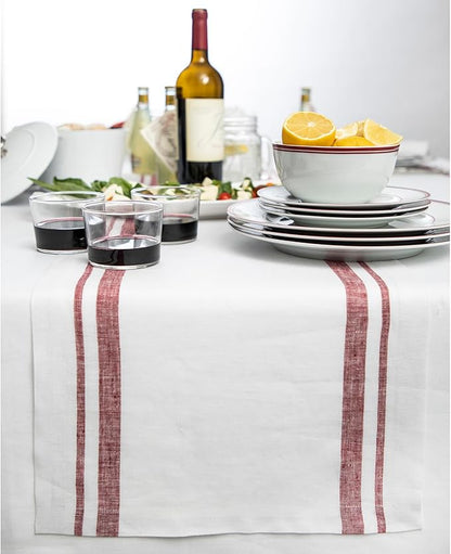 Solino Home Linen Table Runner 120 Inches Long - 100% Pure Linen Burgundy and White French Stripe Table Runner 14 x 120 Inch for Dining, Fall, Autumn, Christmas, New Year