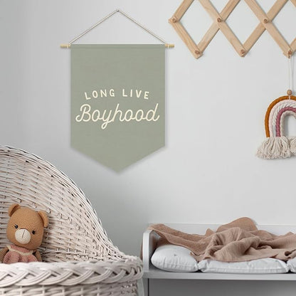 Blue Boy Room Decor,Long Live Boyhood Canvas Banner Nursery Playroom Wall Decor for Boys Bedroom Toddler Decorations Teen Boy Room Decor,Playroom Decor Wall Hanging Flag 15x11 Inch（Haze Blue)