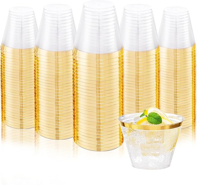 Ciaell 200PCS Gold Plastic Cups - 9Oz Heavy Duty Disposable Clear Plastic Cups with Gold Rim for Wine, Cocktail, Party & Wedding & Thanksgiving
