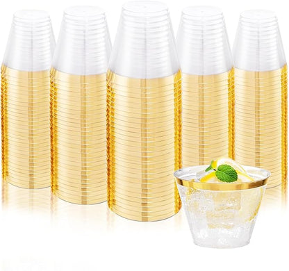 Ciaell 200PCS Gold Plastic Cups - 9Oz Heavy Duty Disposable Clear Plastic Cups with Gold Rim for Wine, Cocktail, Party & Wedding & Thanksgiving