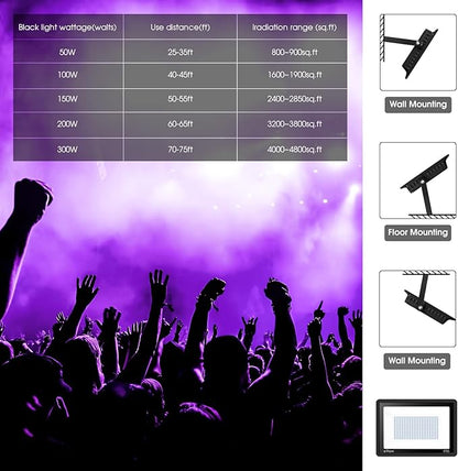 4 Pack 100W LED Black Lights, Blacklight Flood Light with Plug and Switch, 120VAC IP66 Waterproof Blacklight for Halloween Party, Glow in The Dark, Stage Light, Body Paint, Neon Glow