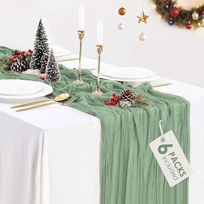6 Pack Sage Green Cheesecloth Table Runners, 10ft Boho Green Gauze Table Runner 120 Inch Long for Wedding Baby Shower Birthday Party Christmas Decoration