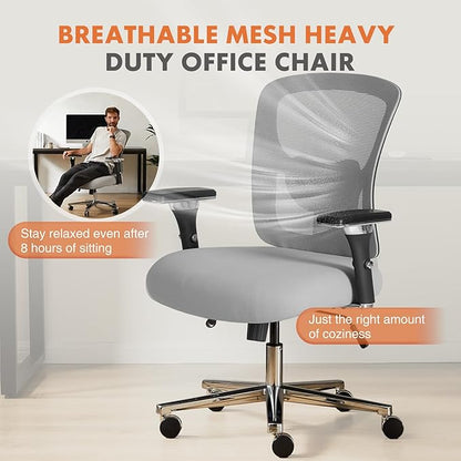 Sweetcrispy Big and Tall Office Desk Chair with Lumbar Support, 500lbs Heavy Duty Mesh Ergonomic Computer Chair with 4D Armrest and Wide Comfy Seat, Wheels for Adult, Grey