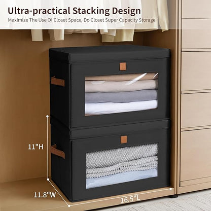 Collapsible Storage Bins - Large Stackable Organizer Bins, Decorative Boxes with Handles & Window, Fabric Containers for Living Room, Closet, Dorm, 2 Pack, Black