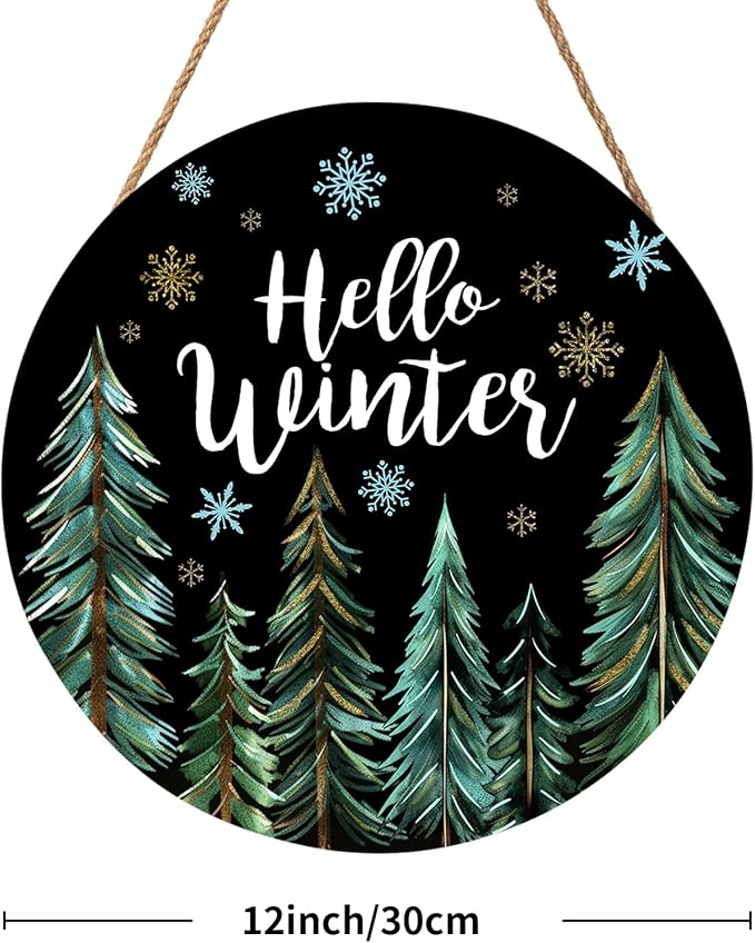 Hello Winter Welcome Sign for Front Door Winter Wreaths Winter Pine Trees Wood Door Hanger for Outdoor Outside Porch Christmas Snowflakes Round Hanging Sign for Home Porch Wall Decoration 12in
