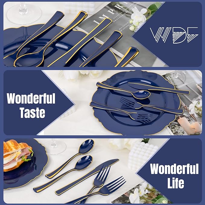 WDF 180PCS Blue Plastic Silverware -Blue and Gold Plastic Cutlery 60 Forks, 60 Knives, 60 Spoons - Heavy Duty Disposable Silverware for Party/Wedding/Hanukkah