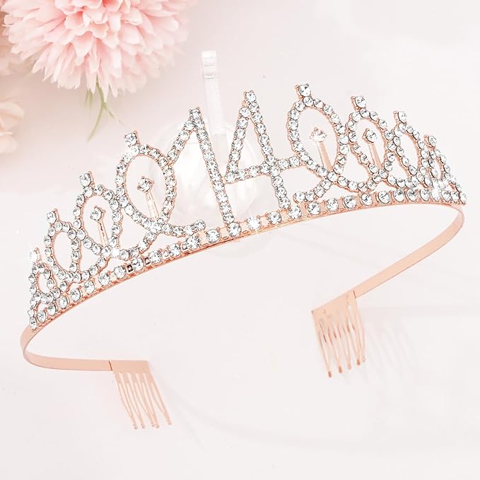 CIEHER 14th Birthday Crown and Sash for Girls, It's My 14 Bday Sash, 14th Birthday Decorations Rose Gold
