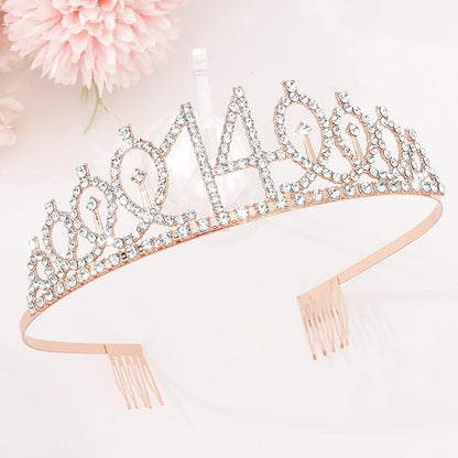CIEHER 14th Birthday Crown and Sash for Girls, It's My 14 Bday Sash, 14th Birthday Decorations Rose Gold