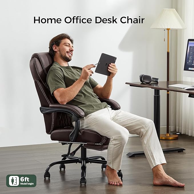 Office Chair, Big and Tall Office Chair with Foot Rest Ergonomic Desk Chairs Reclining High Back Leather Chairs with Lumbar Support(Brown)