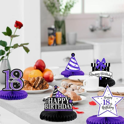 Happy 18th Birthday Decorations,18th Birthday Purple Glitter Shiny Stand Honeycomb Table Centerpieces - Cheers to Eighteen Years Old Birthday Party Photoprop Gift Sign.
